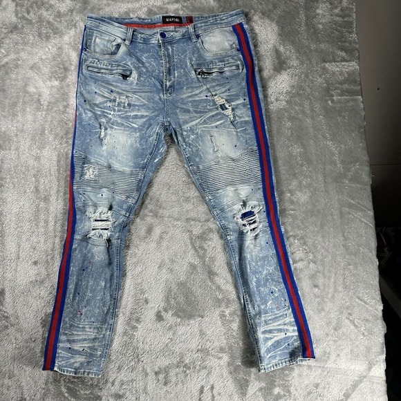 Makobi Jeans Mens 42x32 Fits 40x31 Blue Biker Underlay Paint